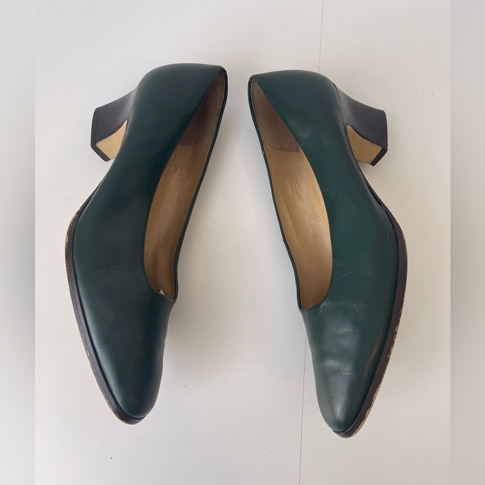 Forest Green Leather Vintage Pumps Vintage Shoes 9M - Picture 12 of 14